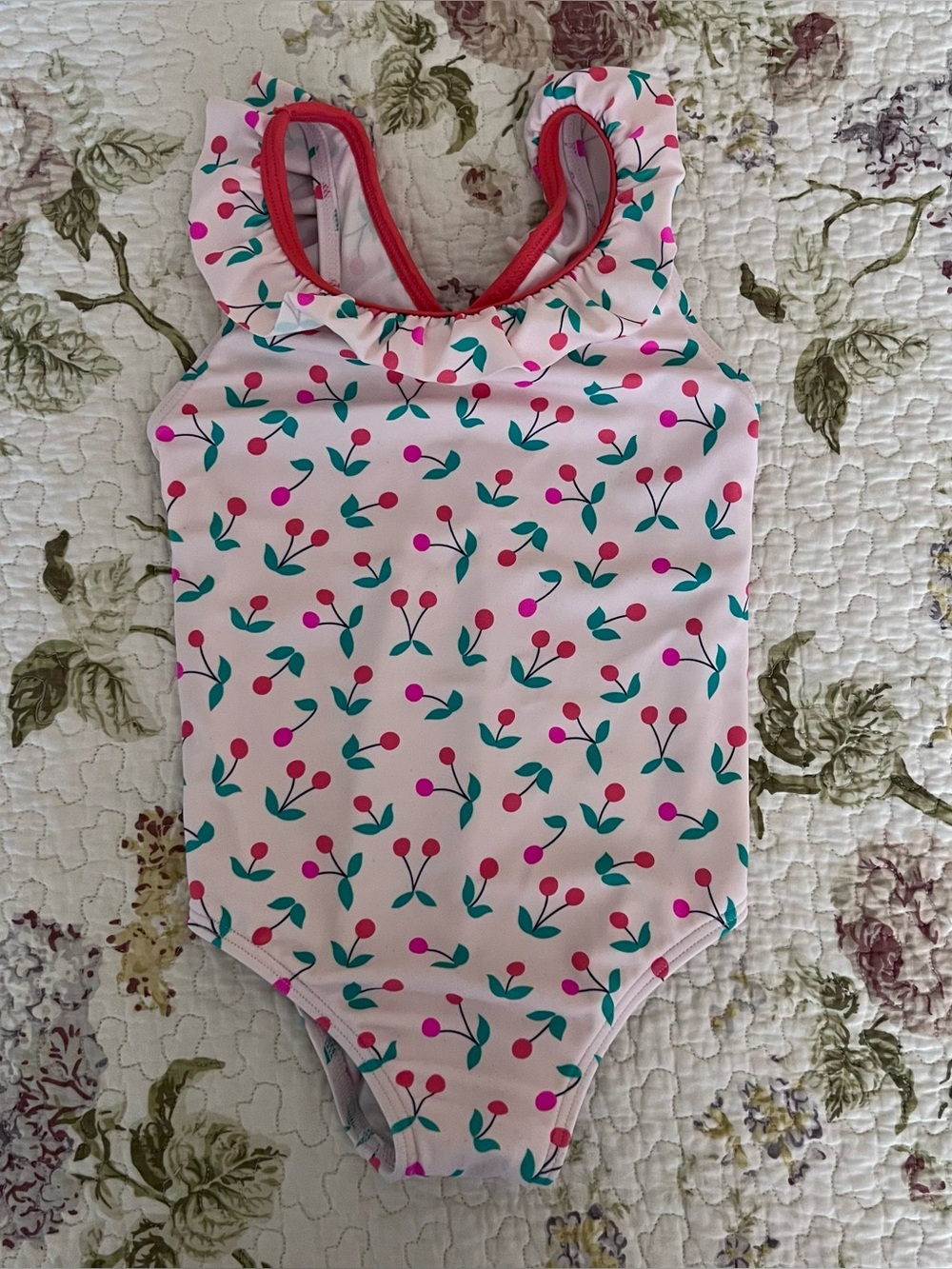 Baby Boden Pink Cherry Print Swimsuit Size 18 to 24 months